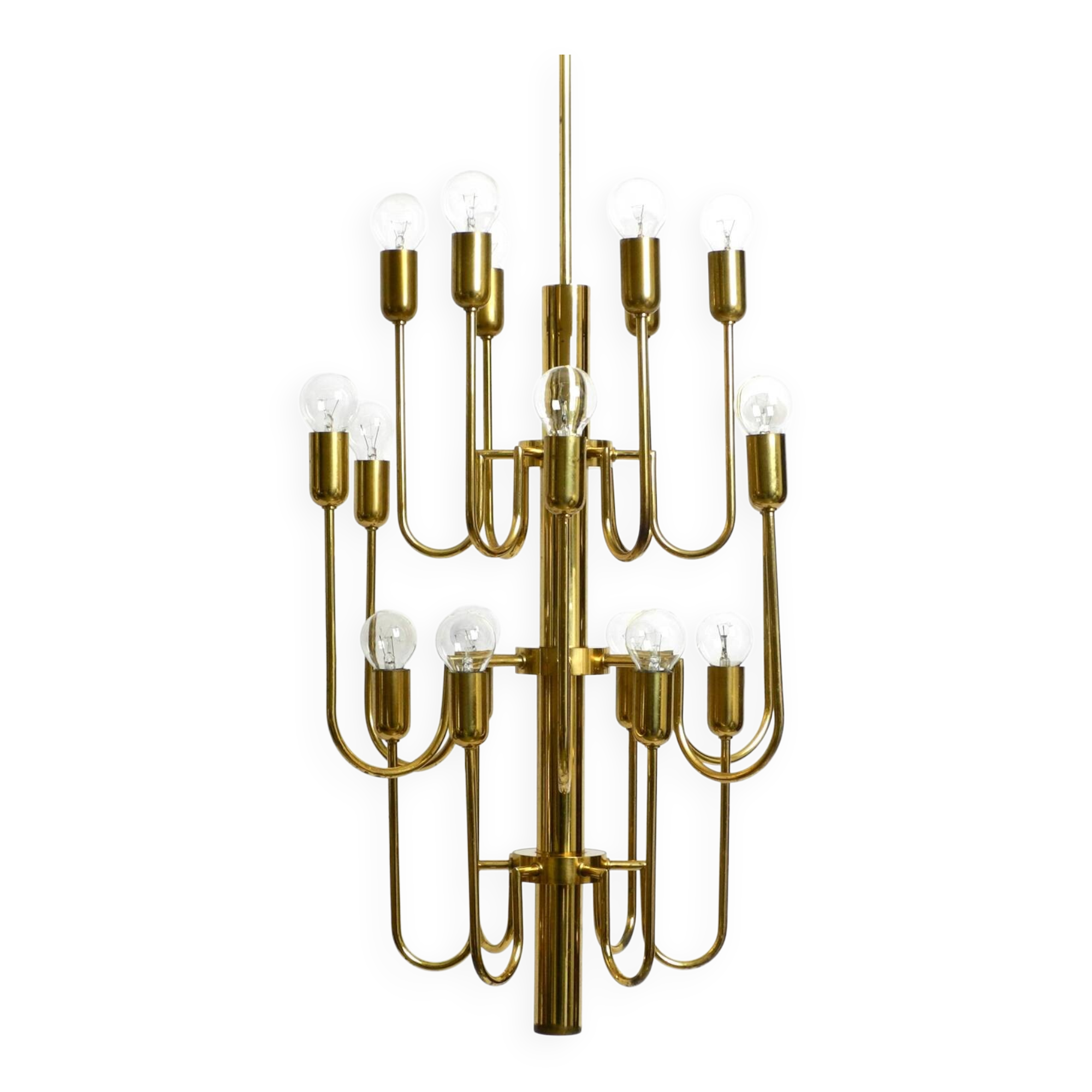 Three staged 18 arm Mid Century brass chandelier with a long brass rod
