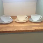 3 vintage Harlequin 211291 tea or chocolate cups and saucers.