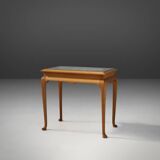 Elegant French side table in beech wood with lace inlay and glass top, 1950s
