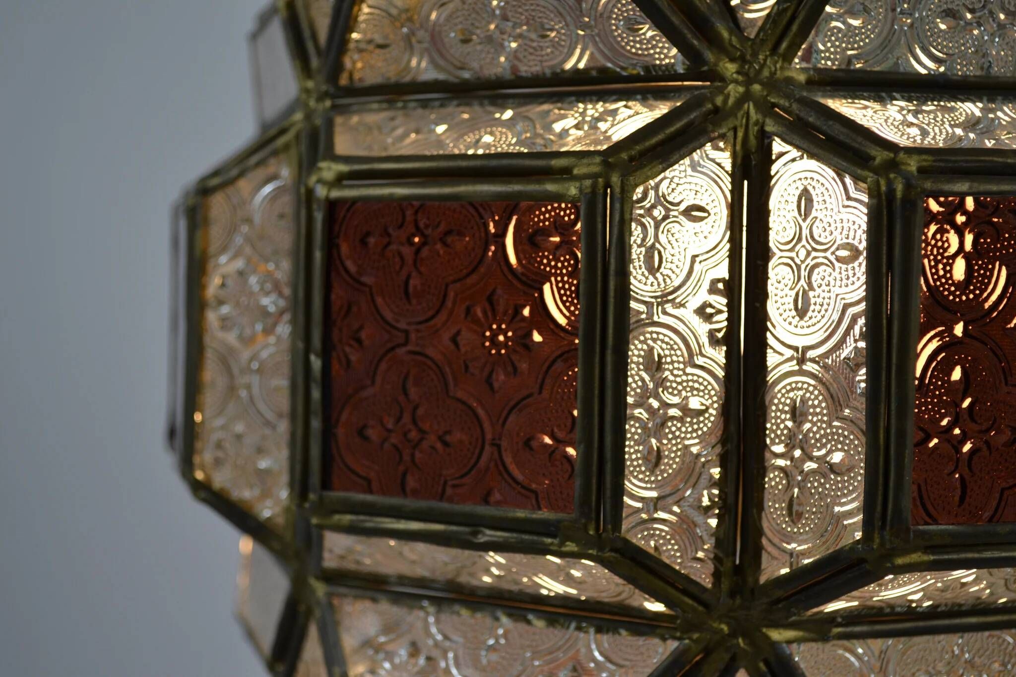 Multicolored Pressed Glass and Brass Pendant Lantern, Scandinavia, circa 1940s–1950s