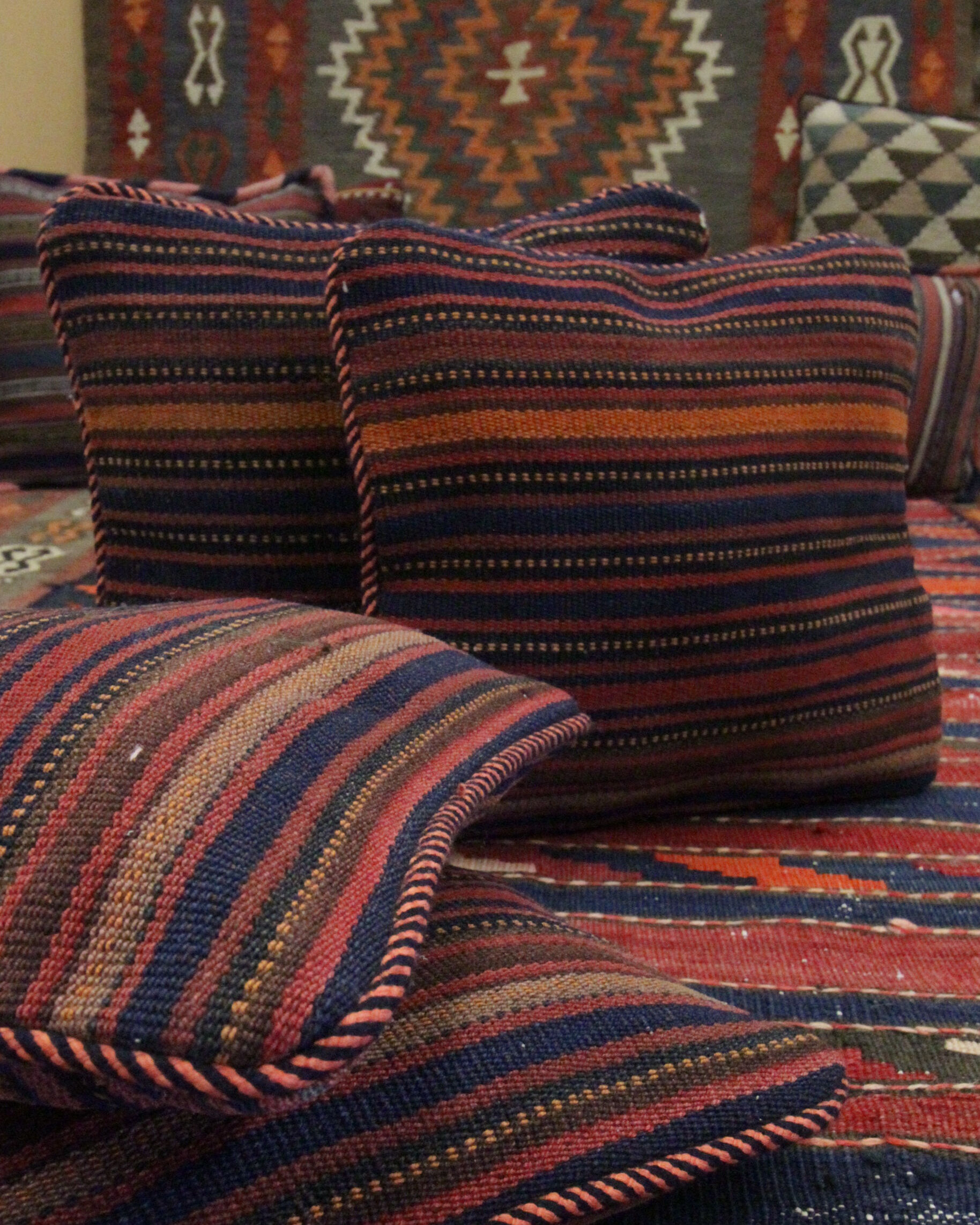 Striped Wool Kilim Scatter Cushion Handwoven Red Blue Pillow Case- 31x31cm