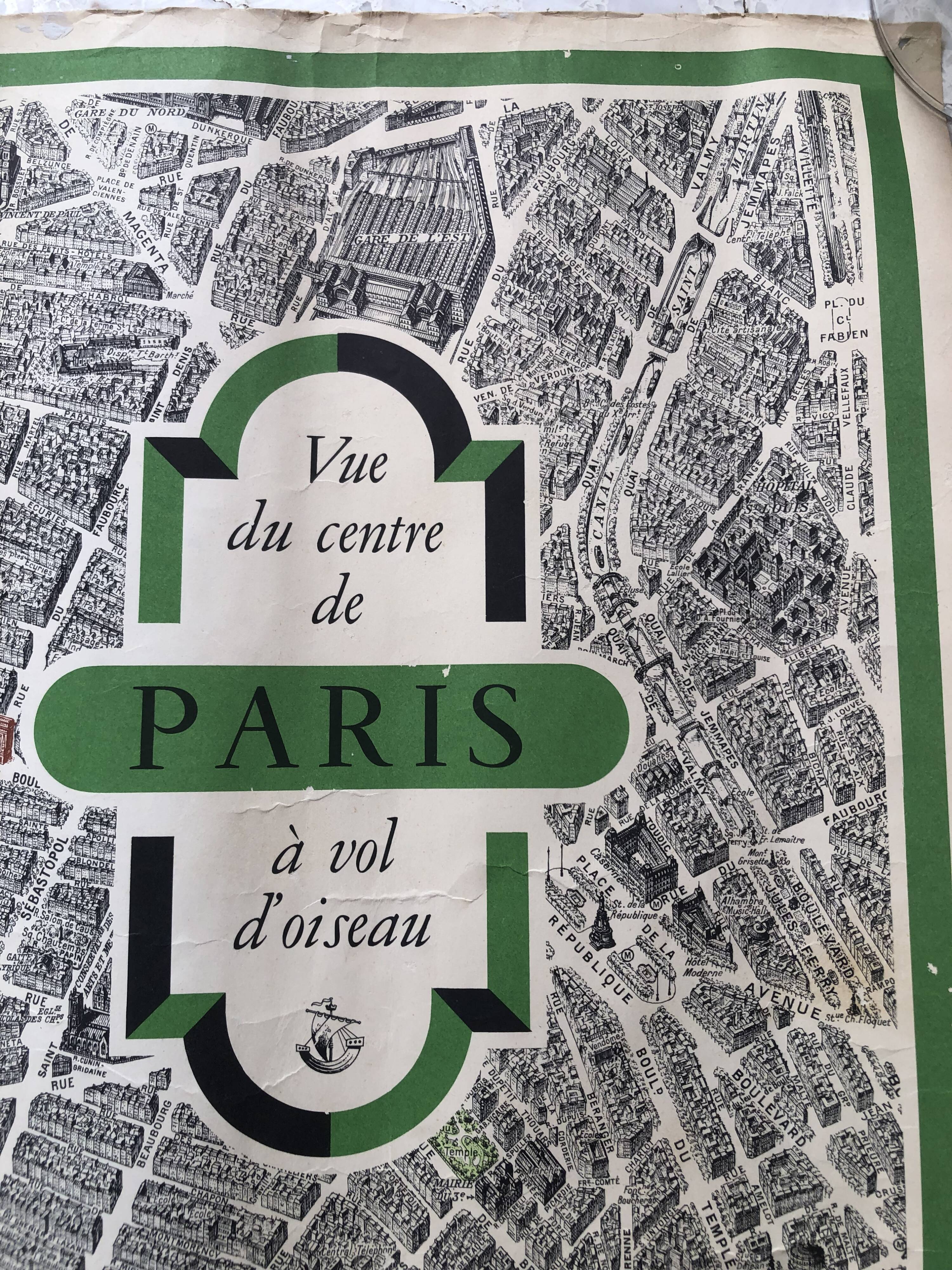 1959 map view of the center of paris from a bird's eye, n° 63 blondel la rougery, tourism commission