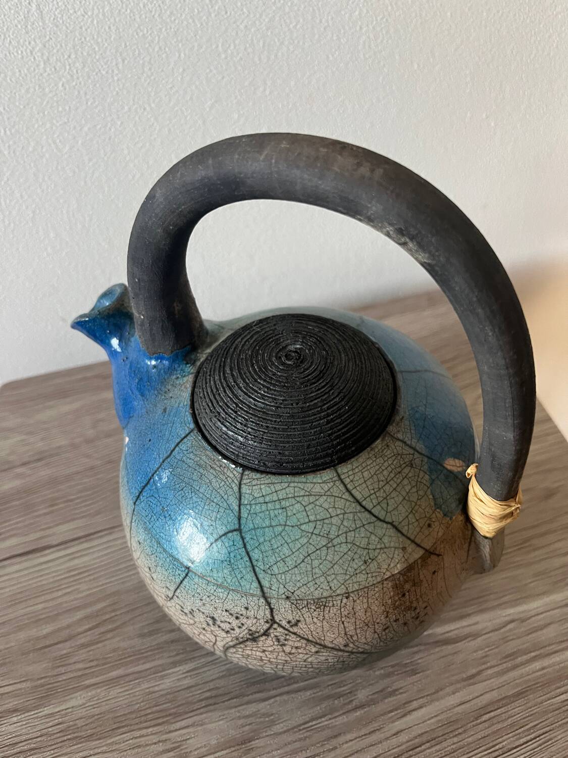 Handcrafted blue raku ceramic teapot – high handle Japanese design