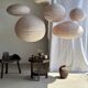 Small round pink rattan and natural linen Japanese-style pendant light D30