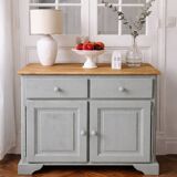 Compact buffet re-enchanted in grey-green, wooden top.
