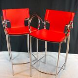 Late 20th Century Chrome and Red Leather Stools - a Pair