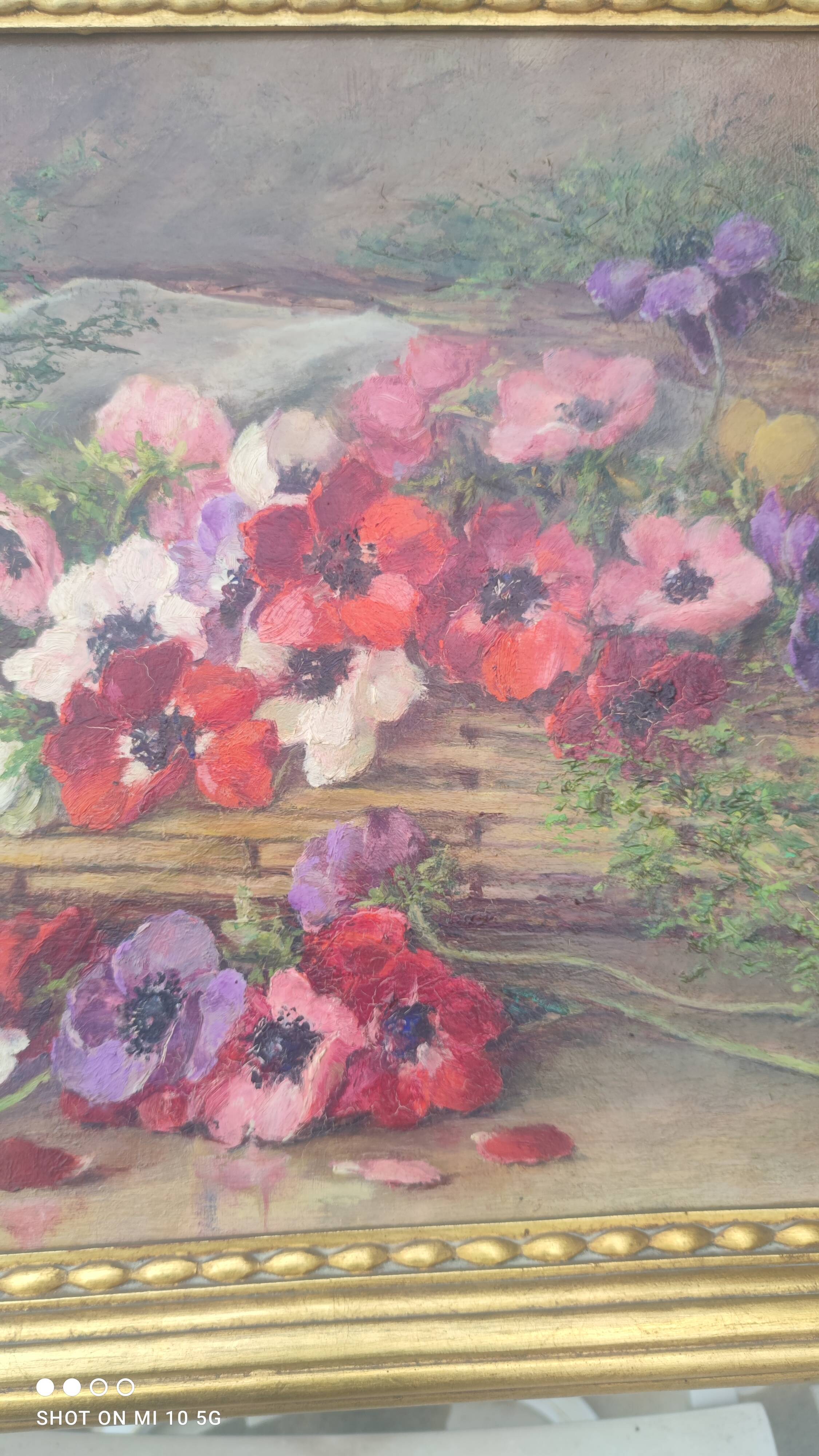 Still life painting, bouquet of flowers, oil on wood by Lillie Honnorat