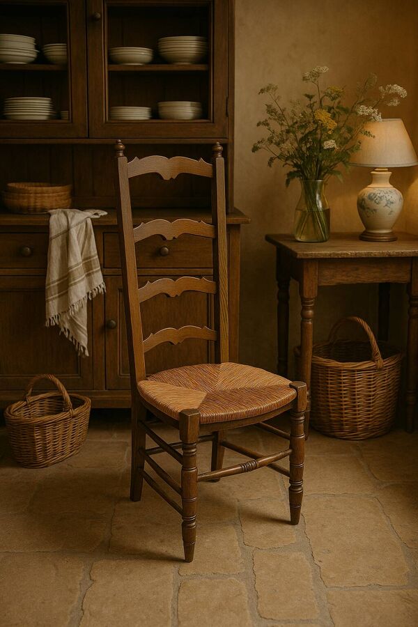 Chaise de nourrice ancienne en bois et paille – dossier ajouré à barreaux c