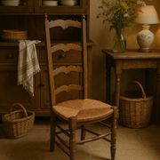 Antique wooden and straw nurse's chair - openwork backrest with bars c