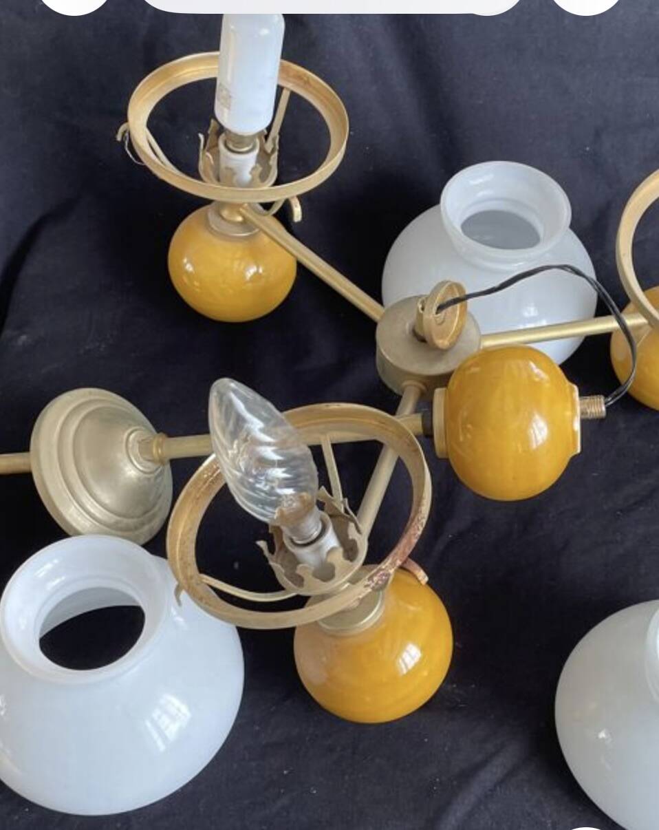 Vintage brass pendant light with opaline porcelain from the 1950s.