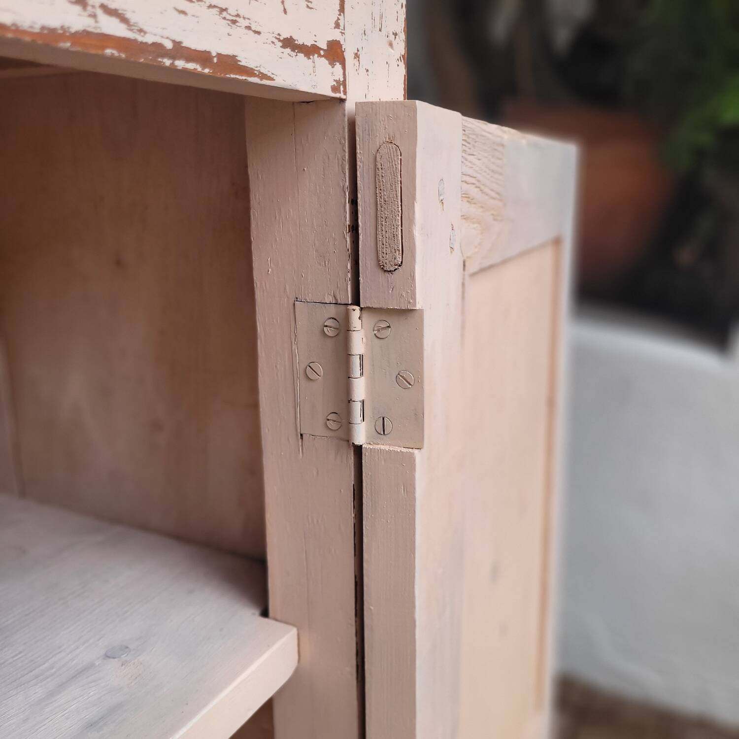 Antique low sideboard with powder pink patina – waxed solid wood