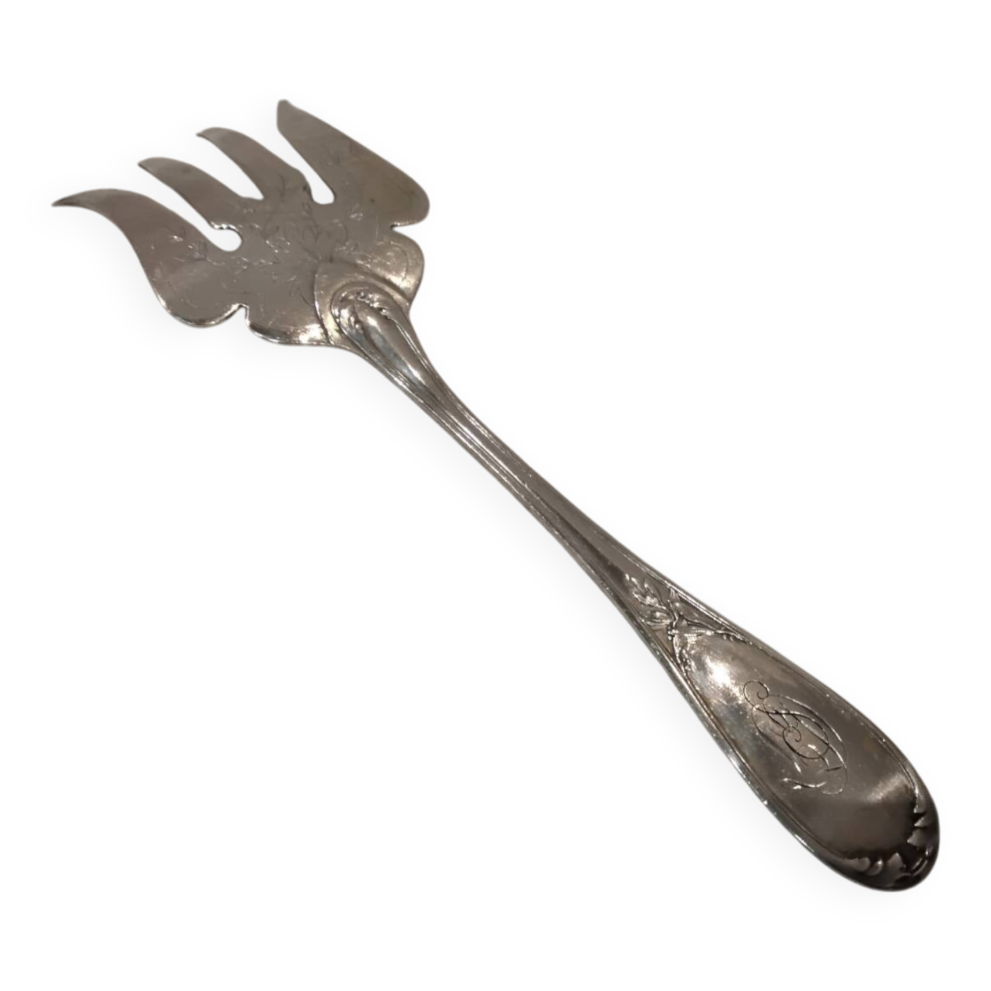 Silver plated fish serving fork, Ercuis goldsmith, laurels