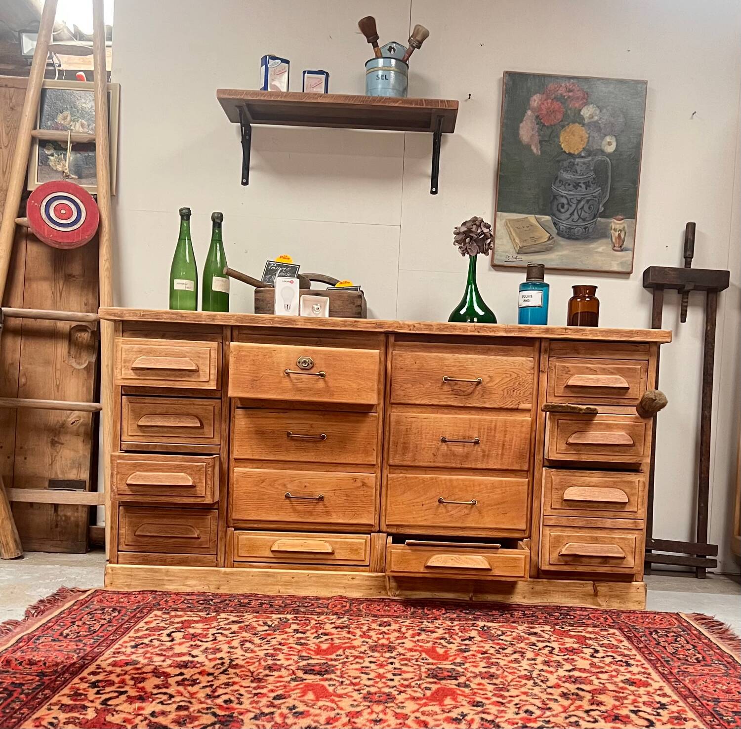 Antique oak hardware cabinet