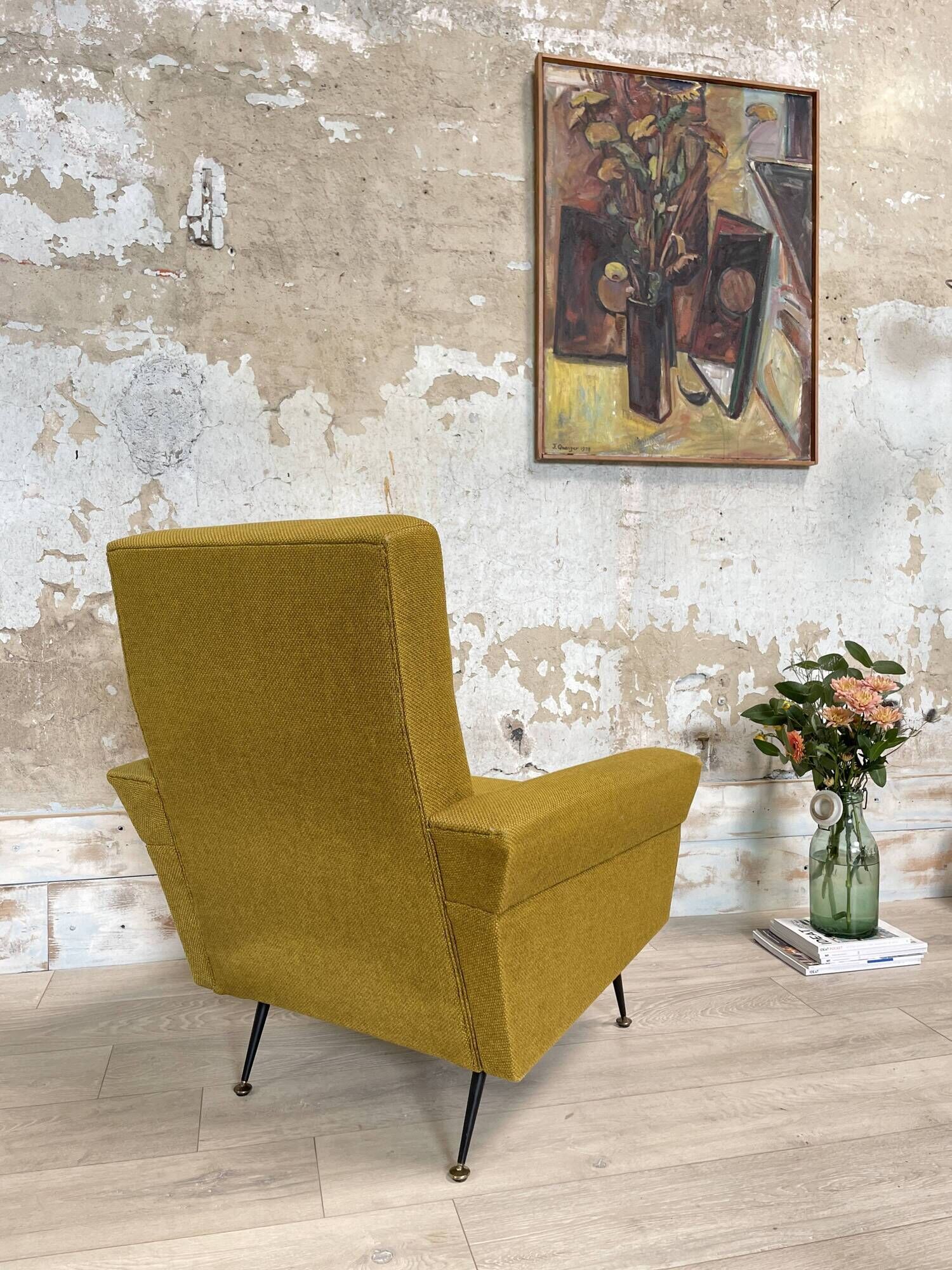 Vintage armchair in fabric and metal compass legs, circa 1950.