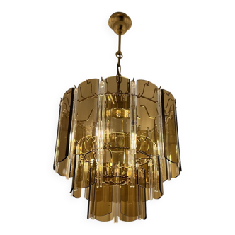 Large Italian golden steel and smoked glass chandelier 60s/70s