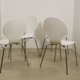 Set of 4 living room chairs in curved wood veneer and chrome base from the 70s.
