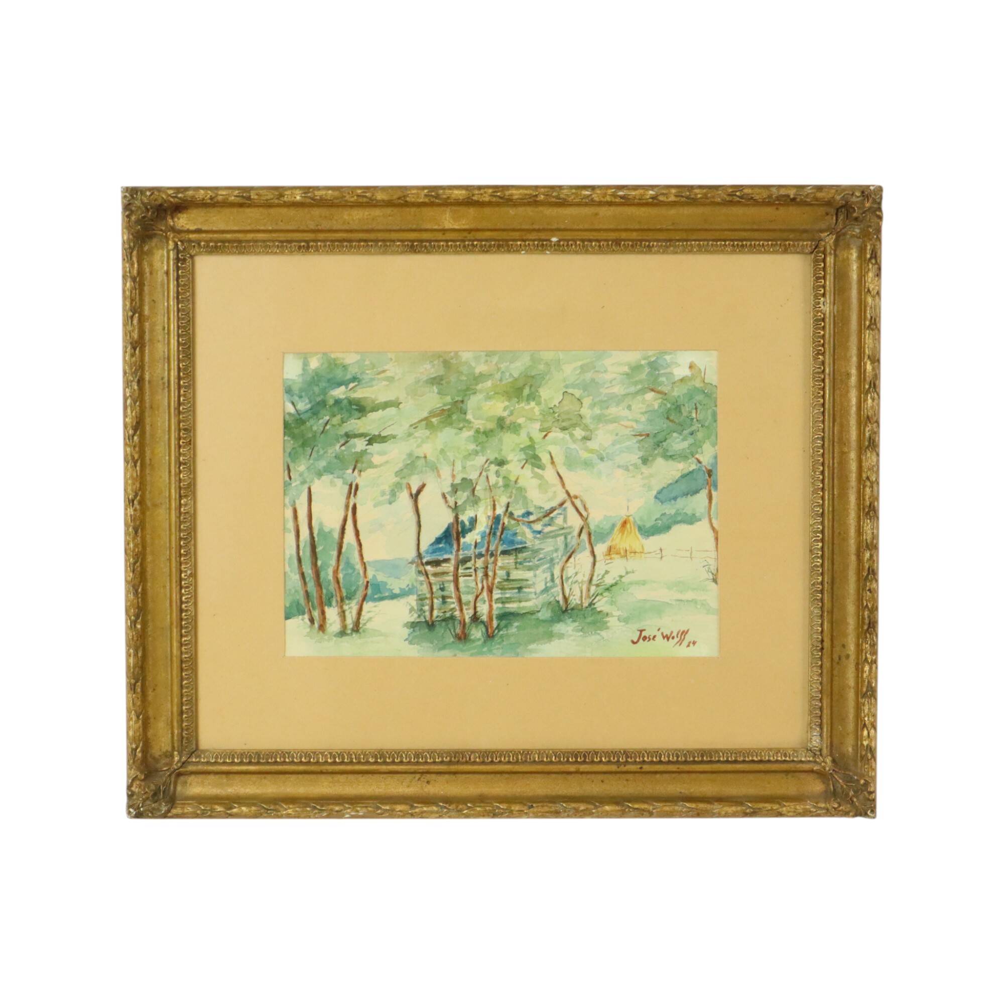 Watercolor José Wolff Art Painting Wooden Baroque Style Frame 1924