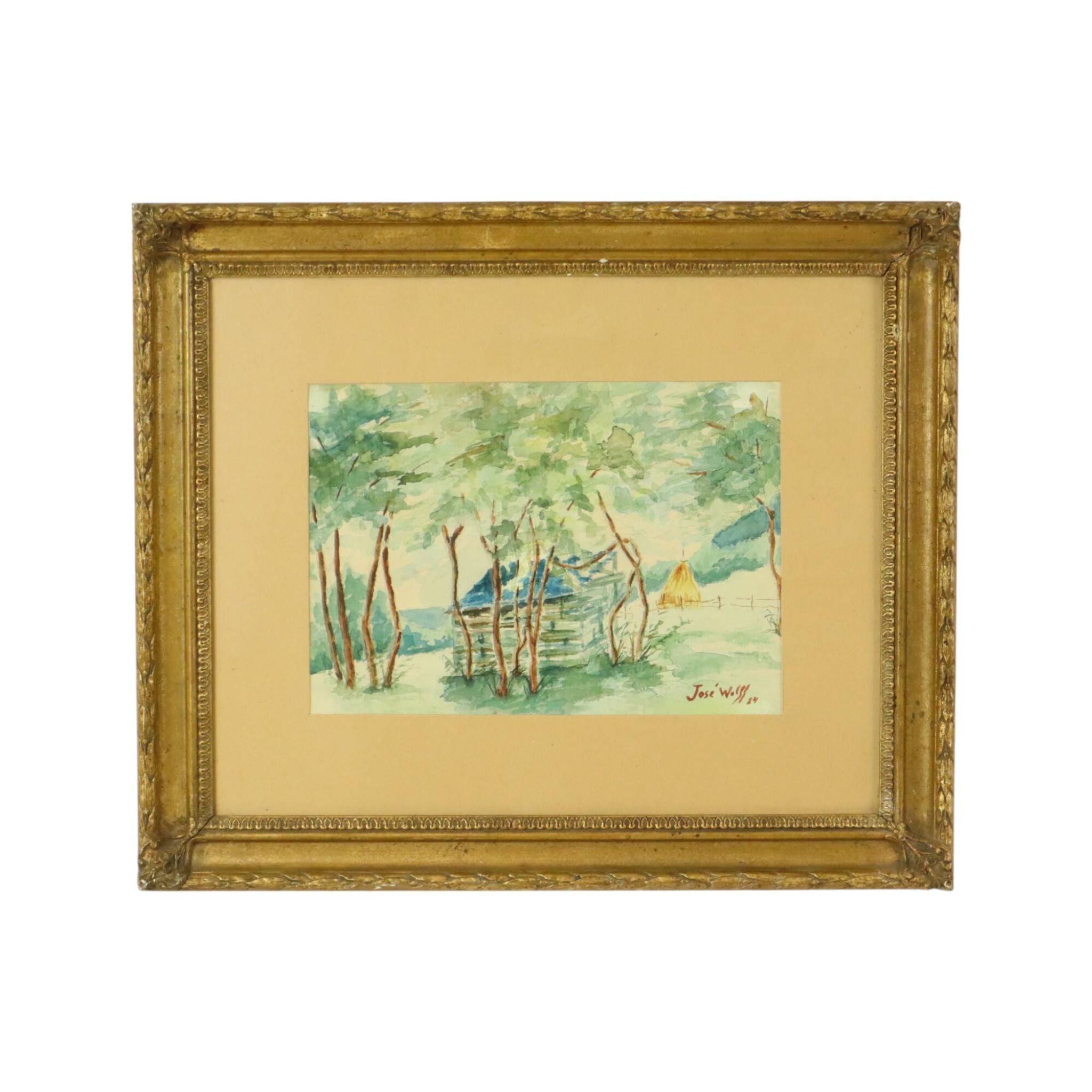 Watercolor José Wolff Art Painting Wooden Baroque Style Frame 1924