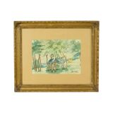 Watercolor José Wolff Art Painting Wooden Baroque Style Frame 1924