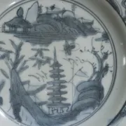 Chinese Swatow dish with pagoda landscape – late Ming, ca. 1600