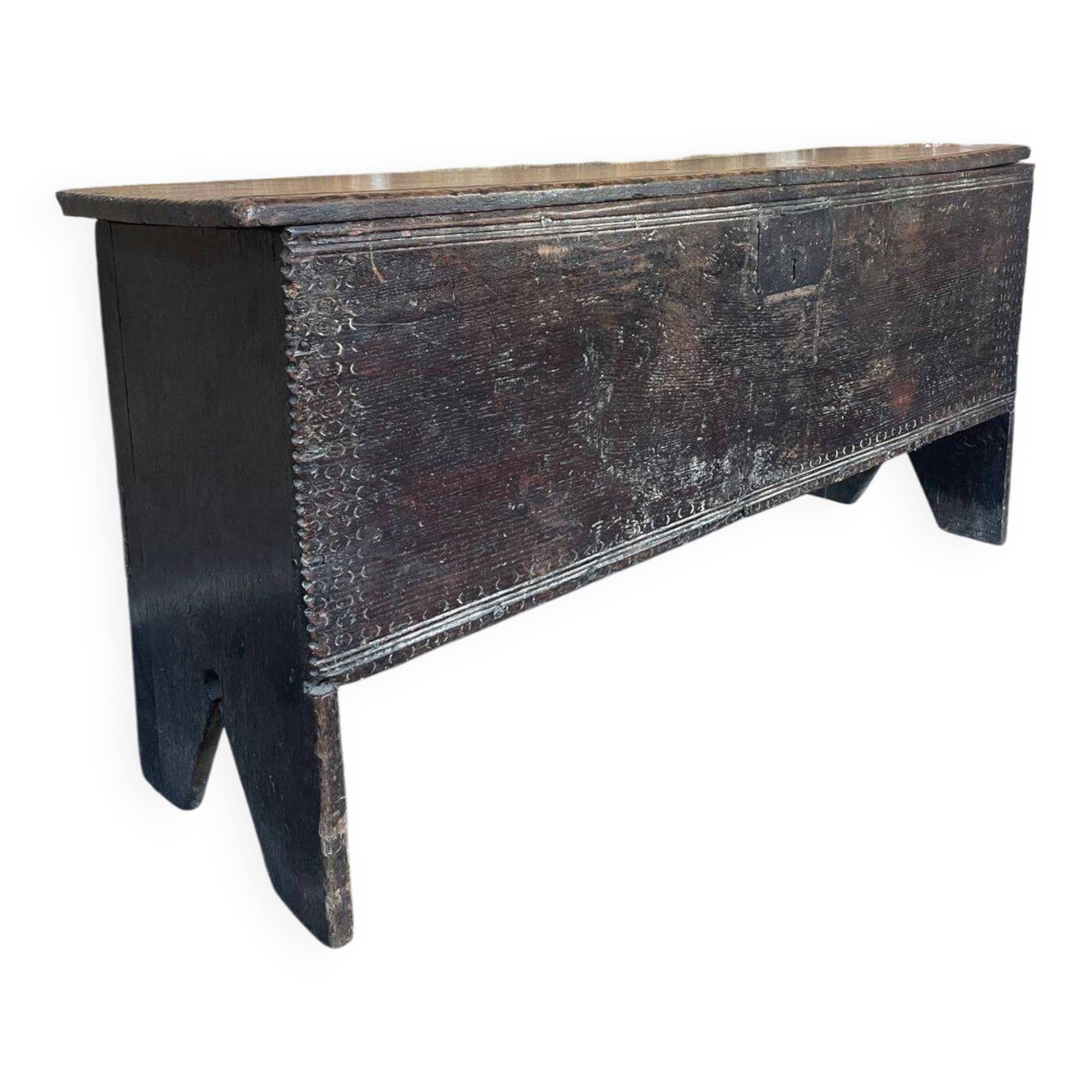 Large Heavy 18th Century Circa 1700 Primitive Carved Oak Sword Chest, Good