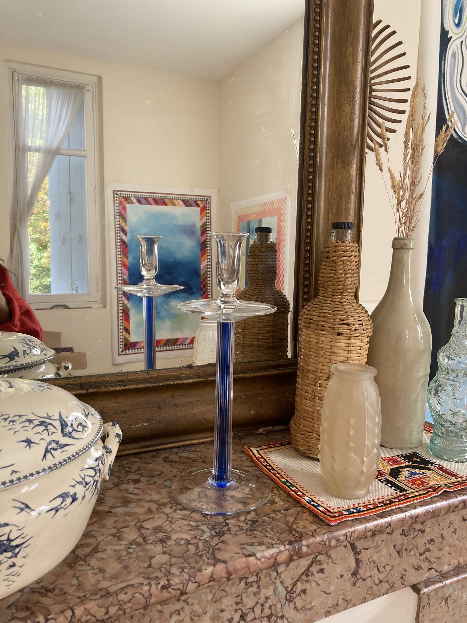 Candle holder in transparent and blue Murano blown glass