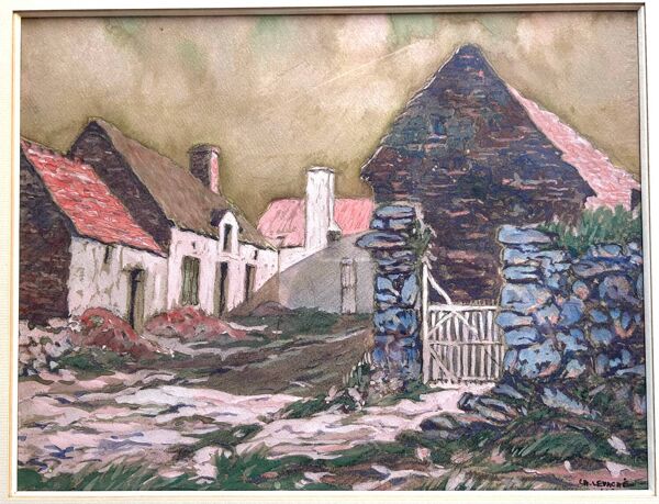Gouache et fusain, Un hameau dans la Hague, ch.Levaché