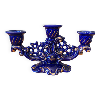 Klein blue and gold 3-branched candle holder