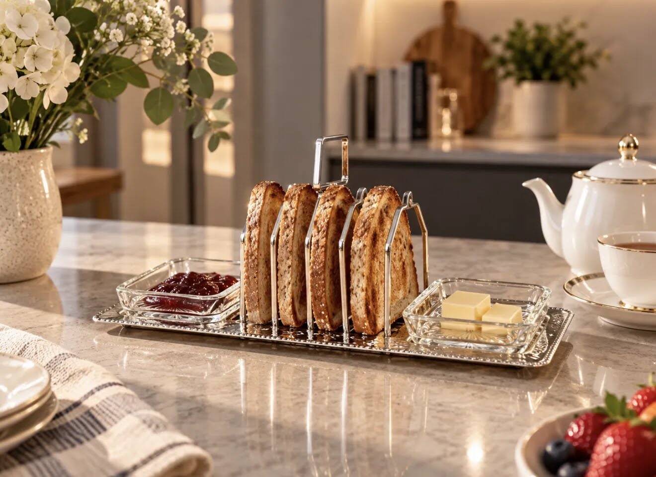 Art Deco Silver Plated Toast Rack, Matching Hammered Tray Crystal Butter Dishes