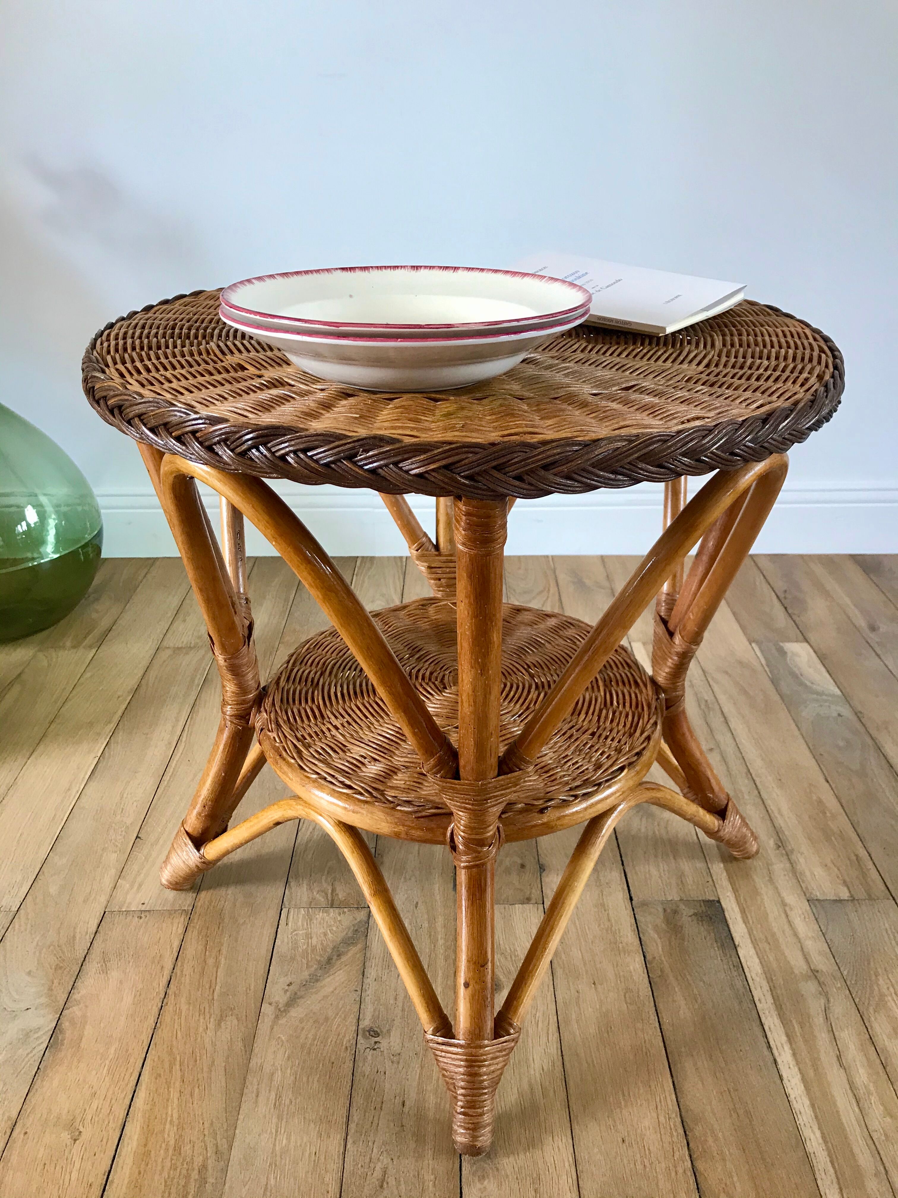 Round rattan coffee table double floor 60s