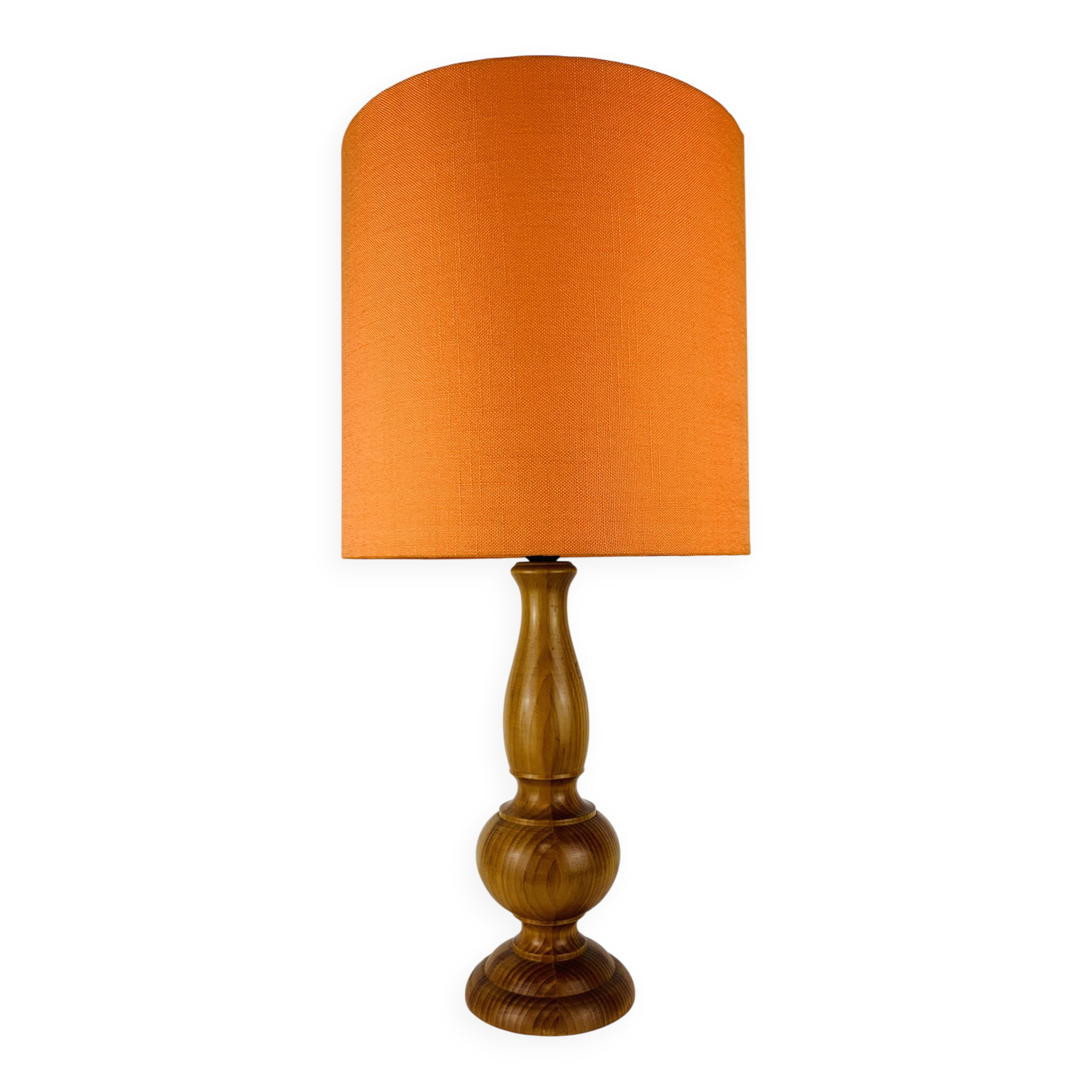 Turned wood lamp with orange shade, 1970s.