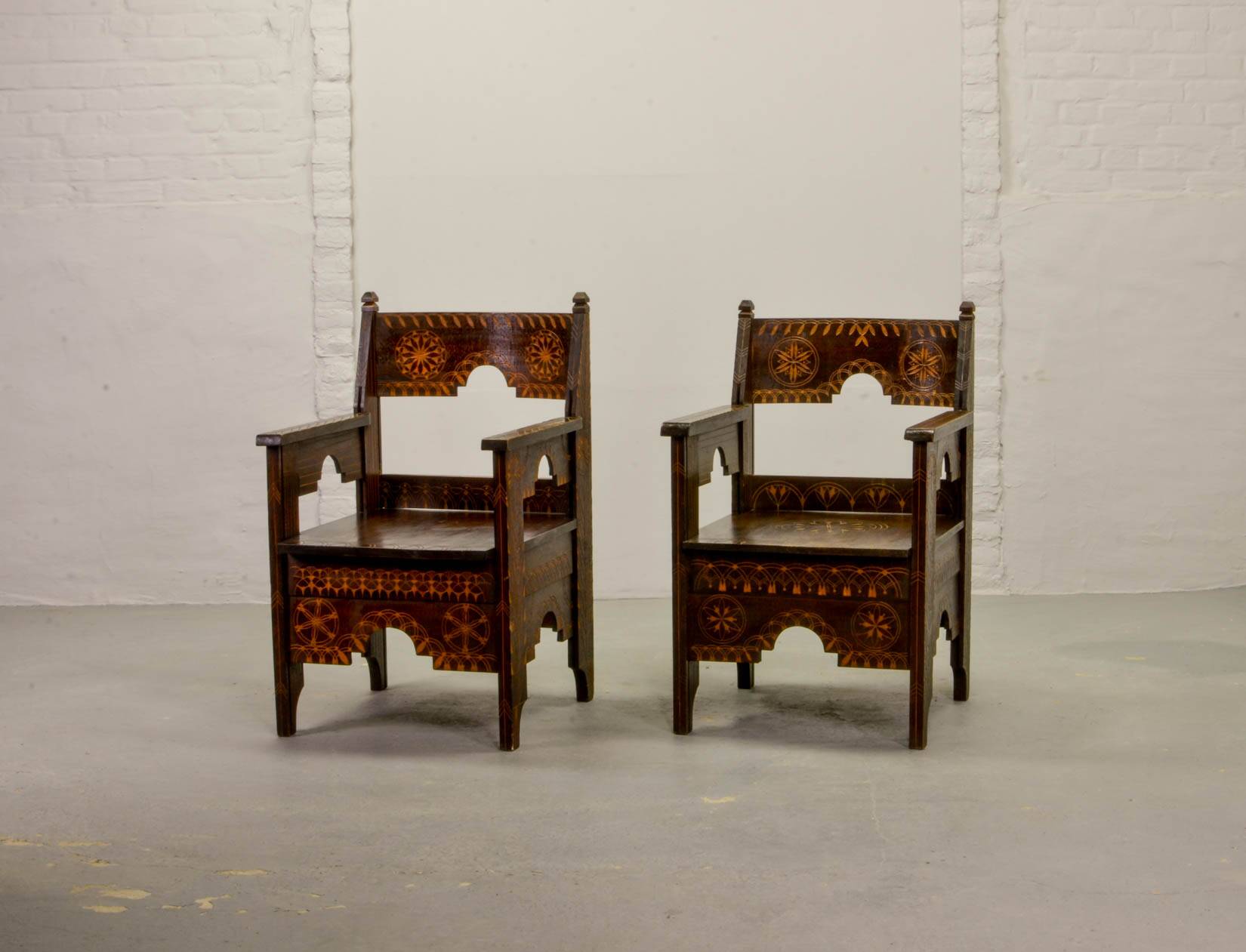 Set of Middle East Design Carved Wooden Moorish Decorated Side Chairs 1950s