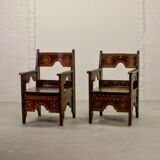 Set of Middle East Design Carved Wooden Moorish Decorated Side Chairs 1950s
