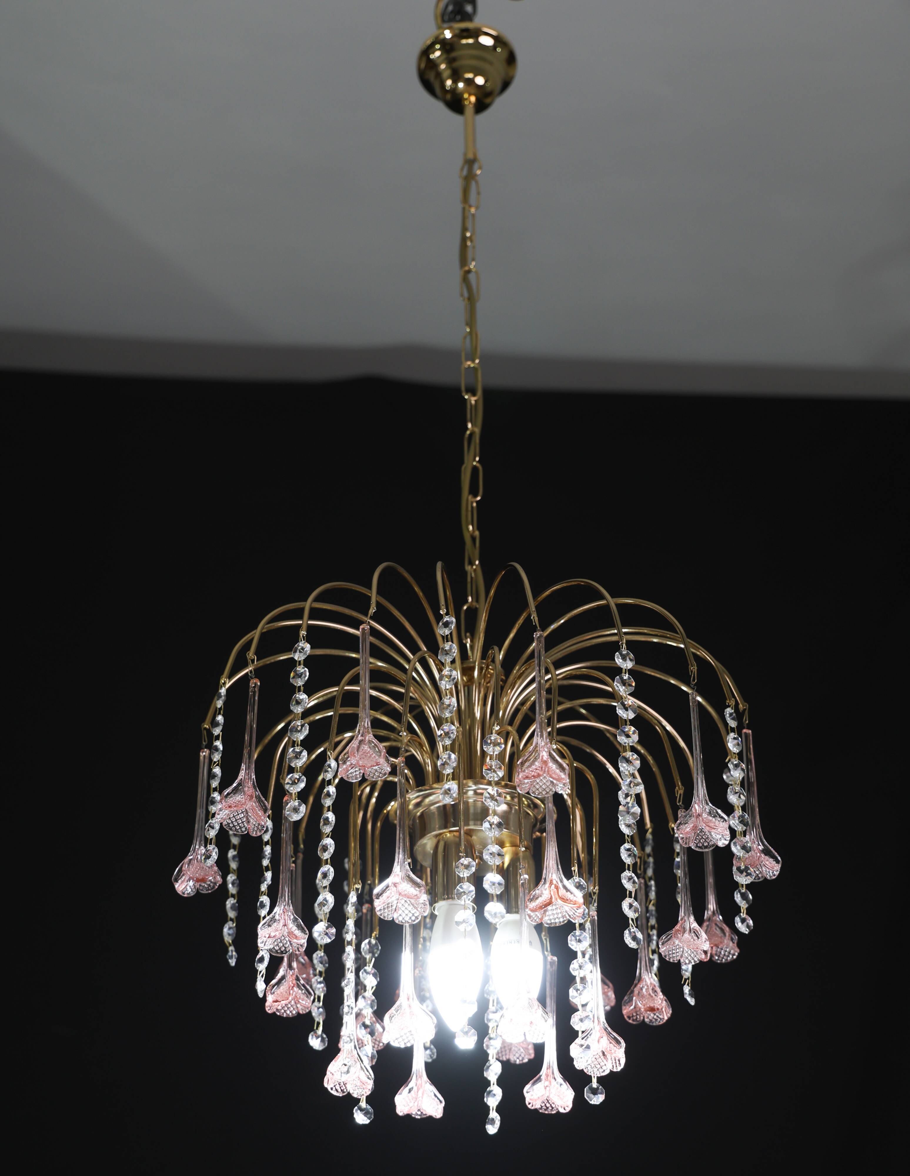 Set of 2 Meryl Streep, Pink Murano Flowers and Crystal Drops Chandelier, 19
