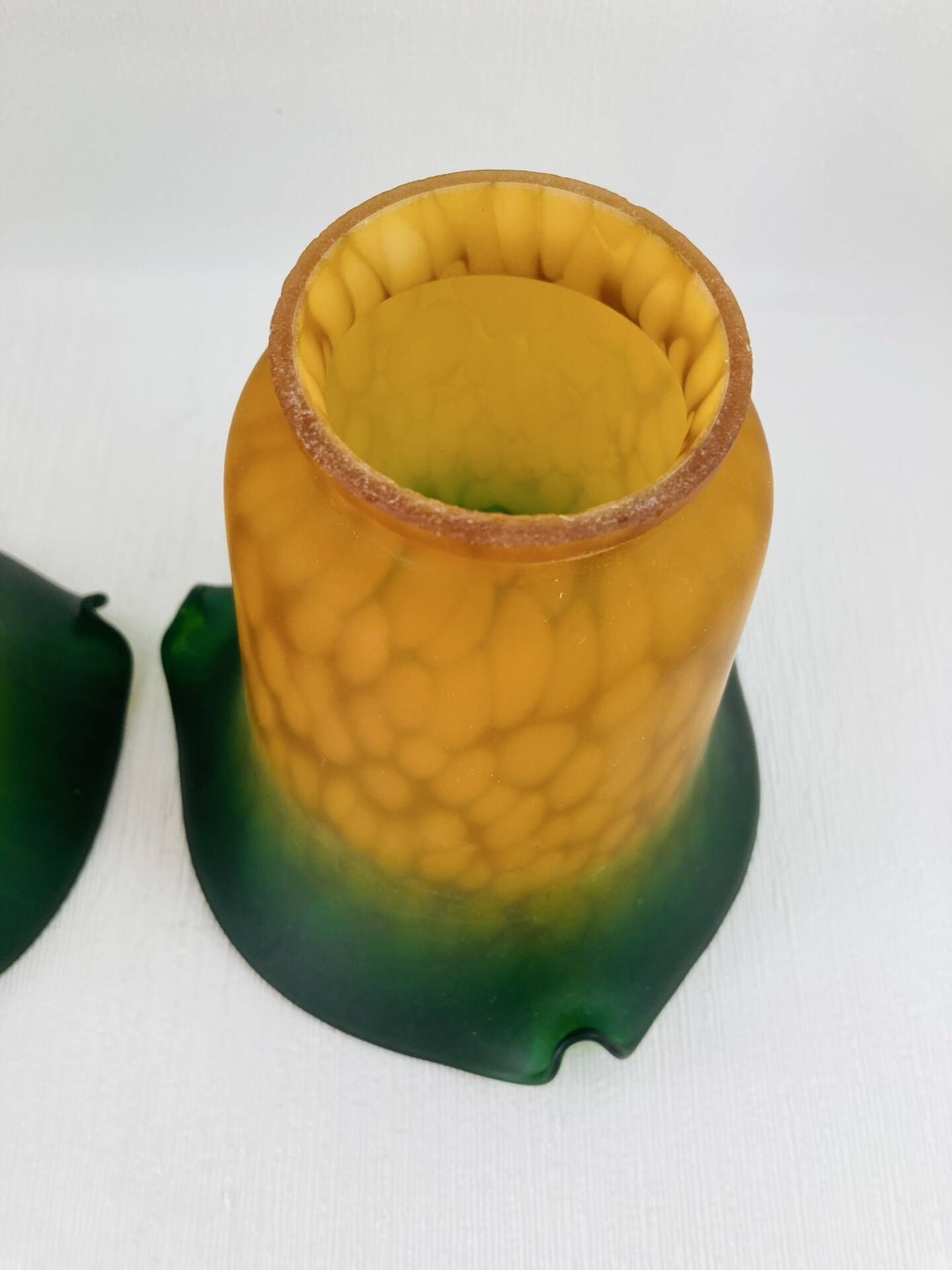 Pair of Antique Art Nouveau Tulips - Speckled Amber Green Glass