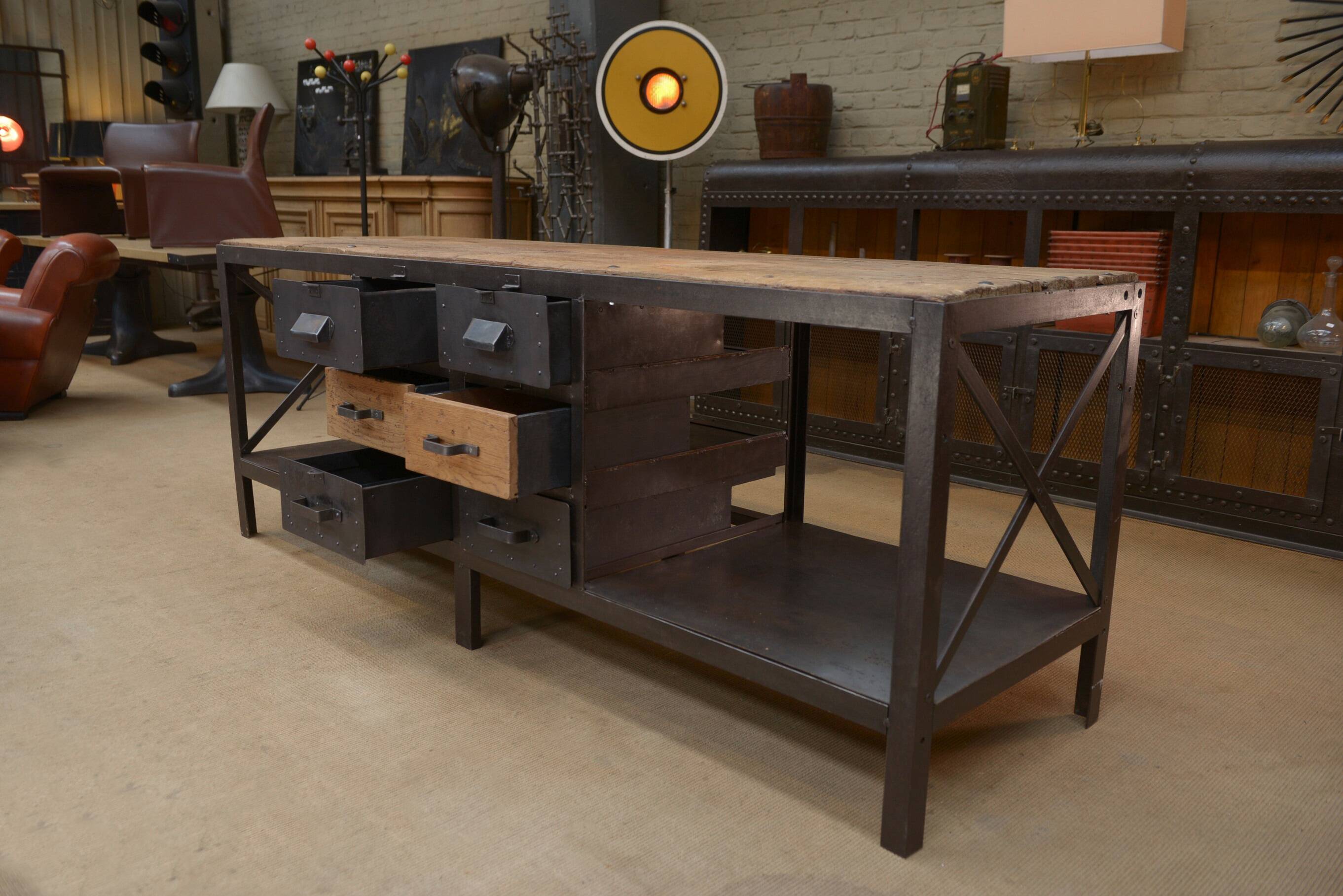 Industrial sideboard from metal and wood factory 1950