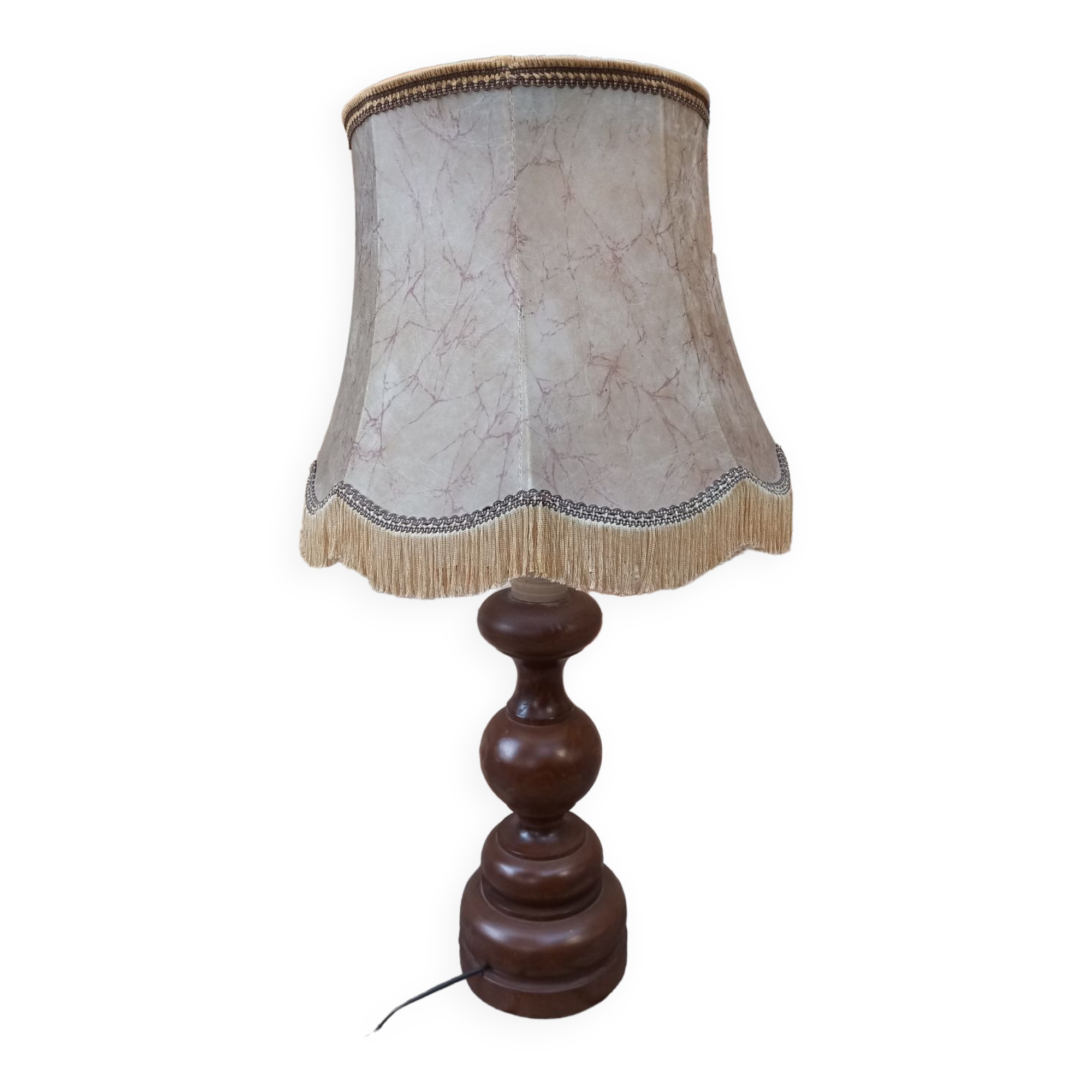 Vintage wooden lamp with fringed shade