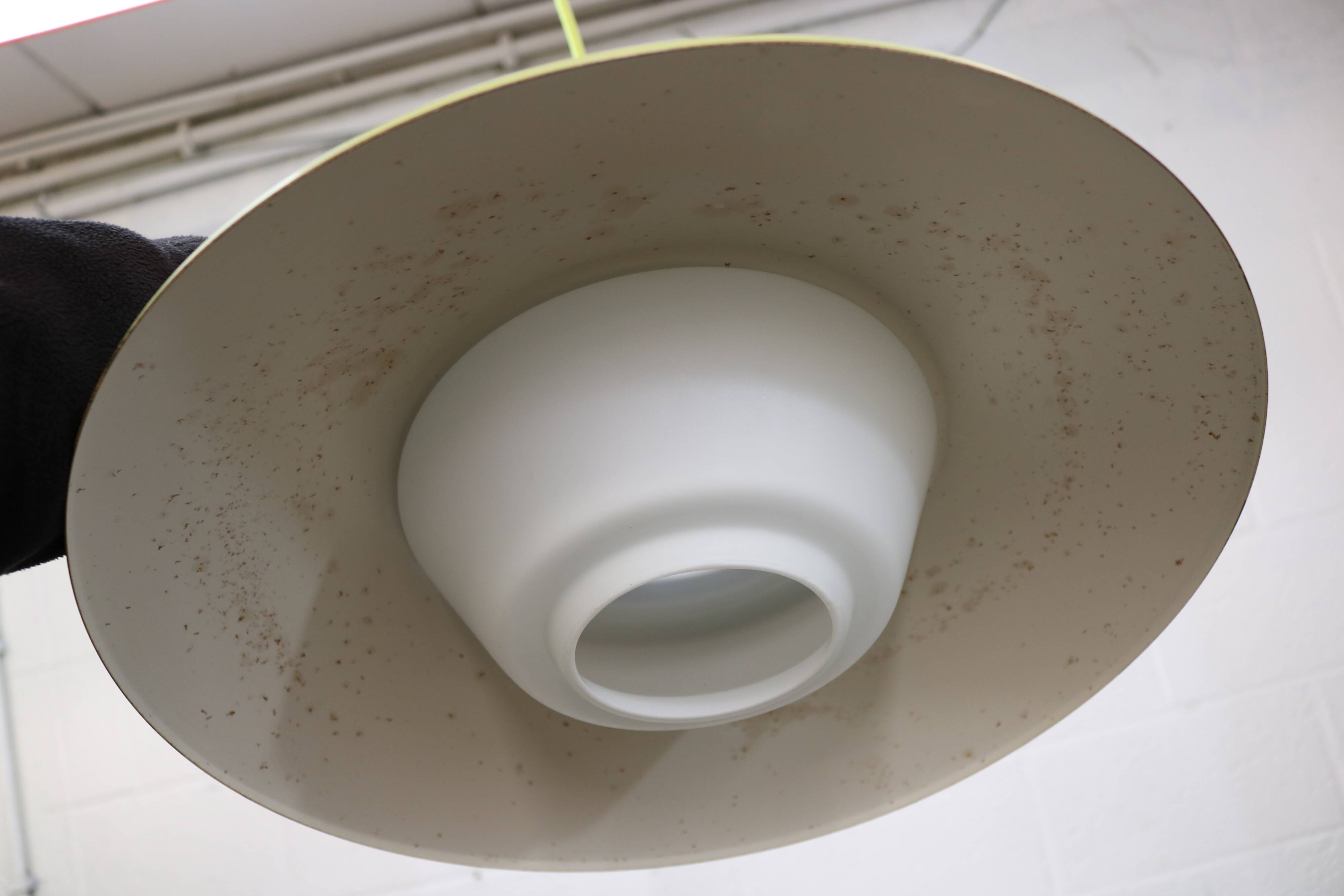 Opal glass and green aluminium shade vintage lamp by Voss Belysning - Denmark