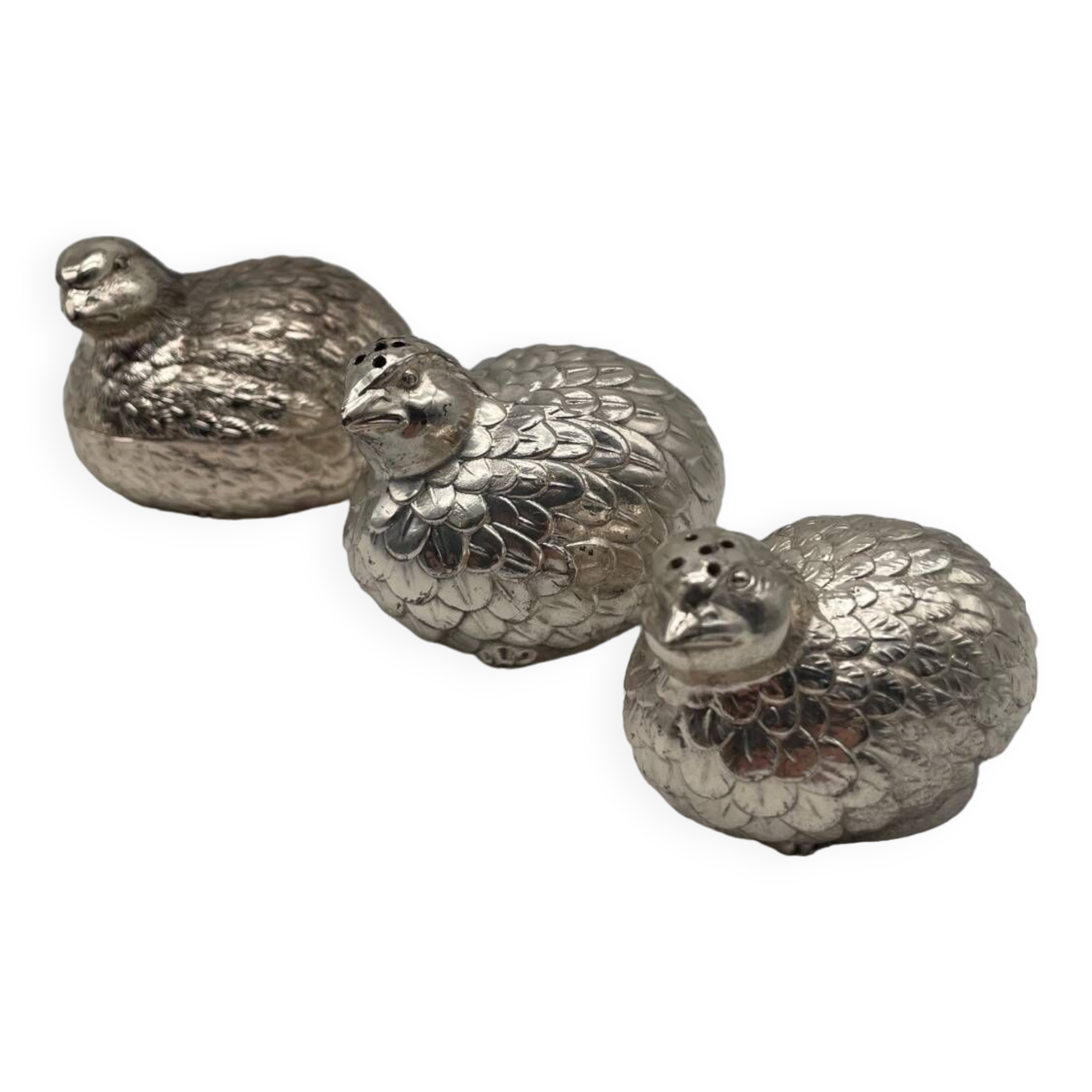 Salt shaker pepper and mustard bird in silver metal Gucci style