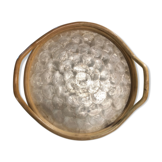 Round tray in mother of pearl and rattan