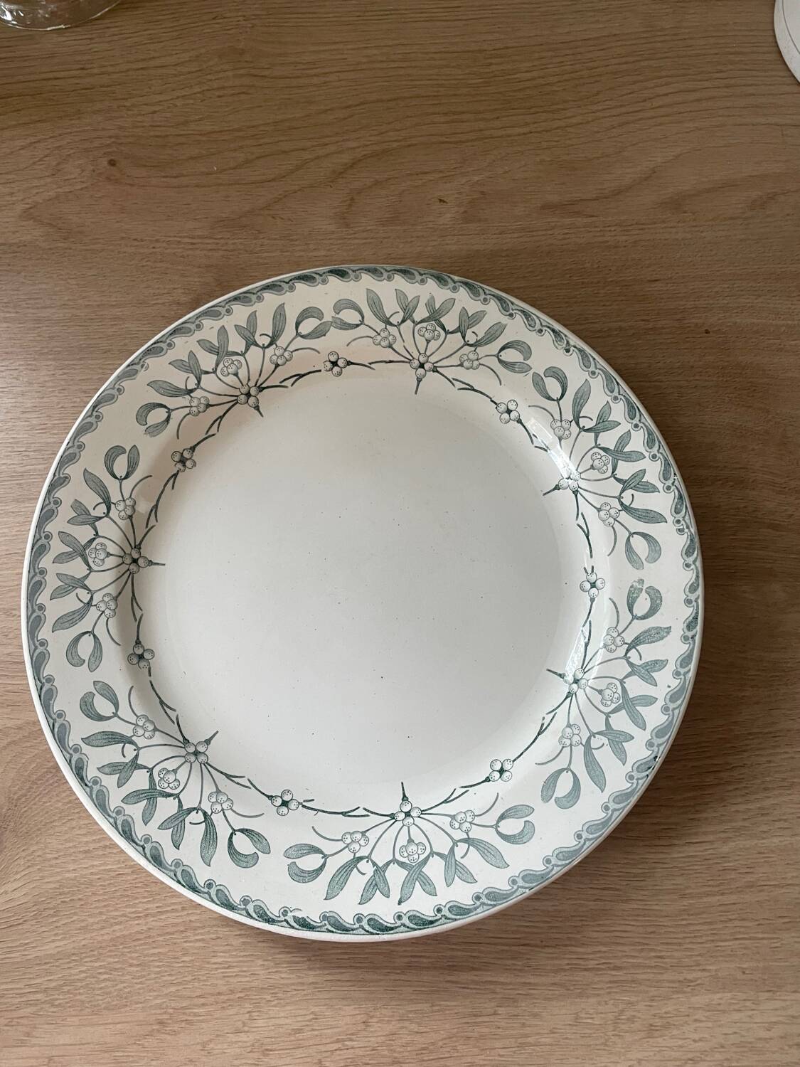 Antique round ironstone dish with mistletoe decoration, Grand Dépôt by Emile Bour