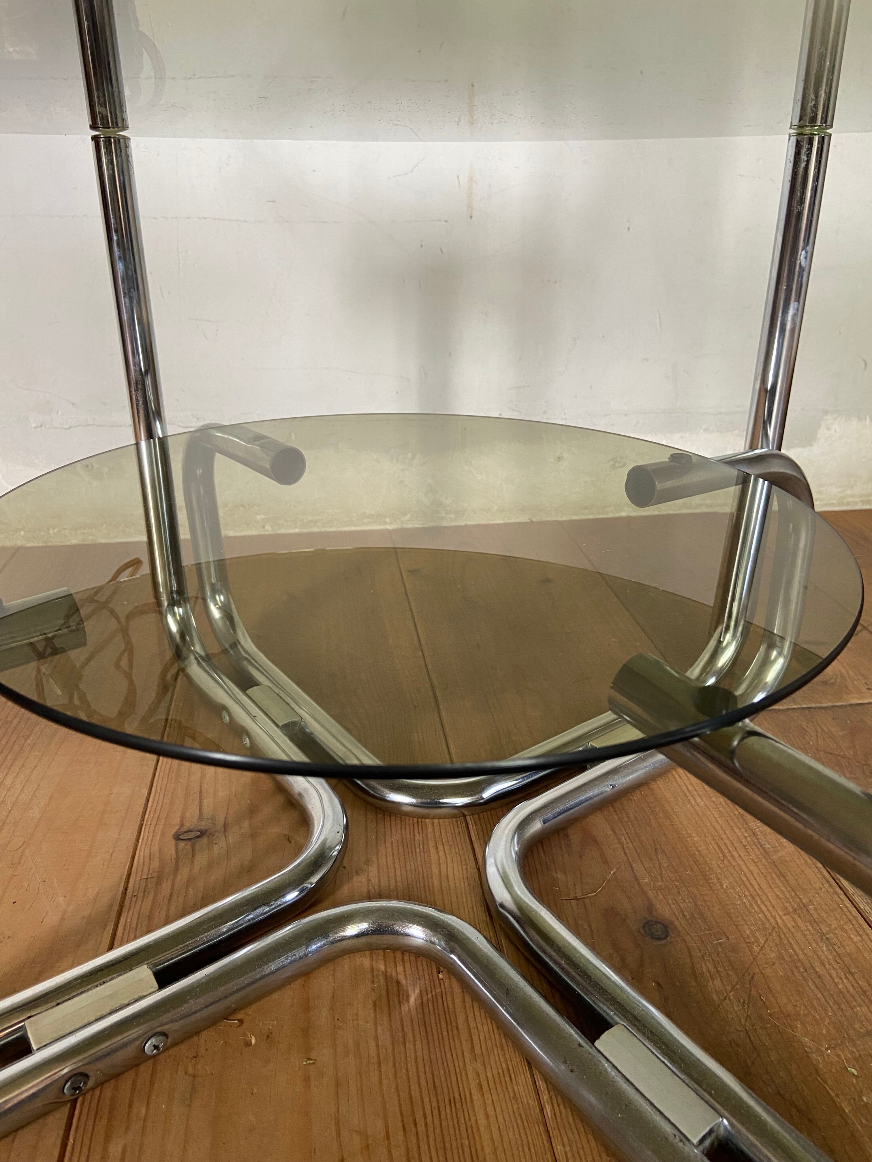 Coffee table chrome and smoked glass round 70s space age