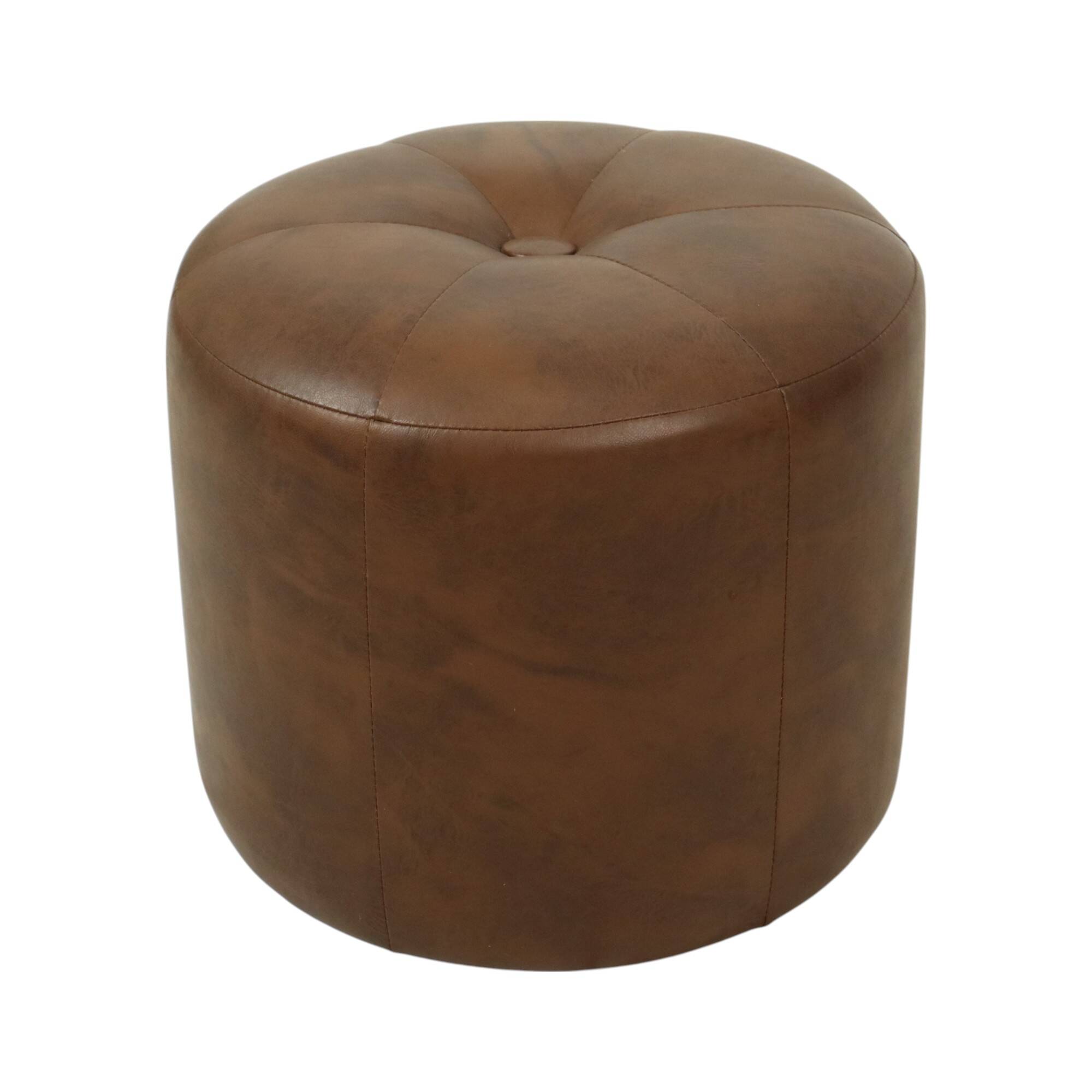 Pouf rond vintage en bois et cuir skaï marron patchwork années 60