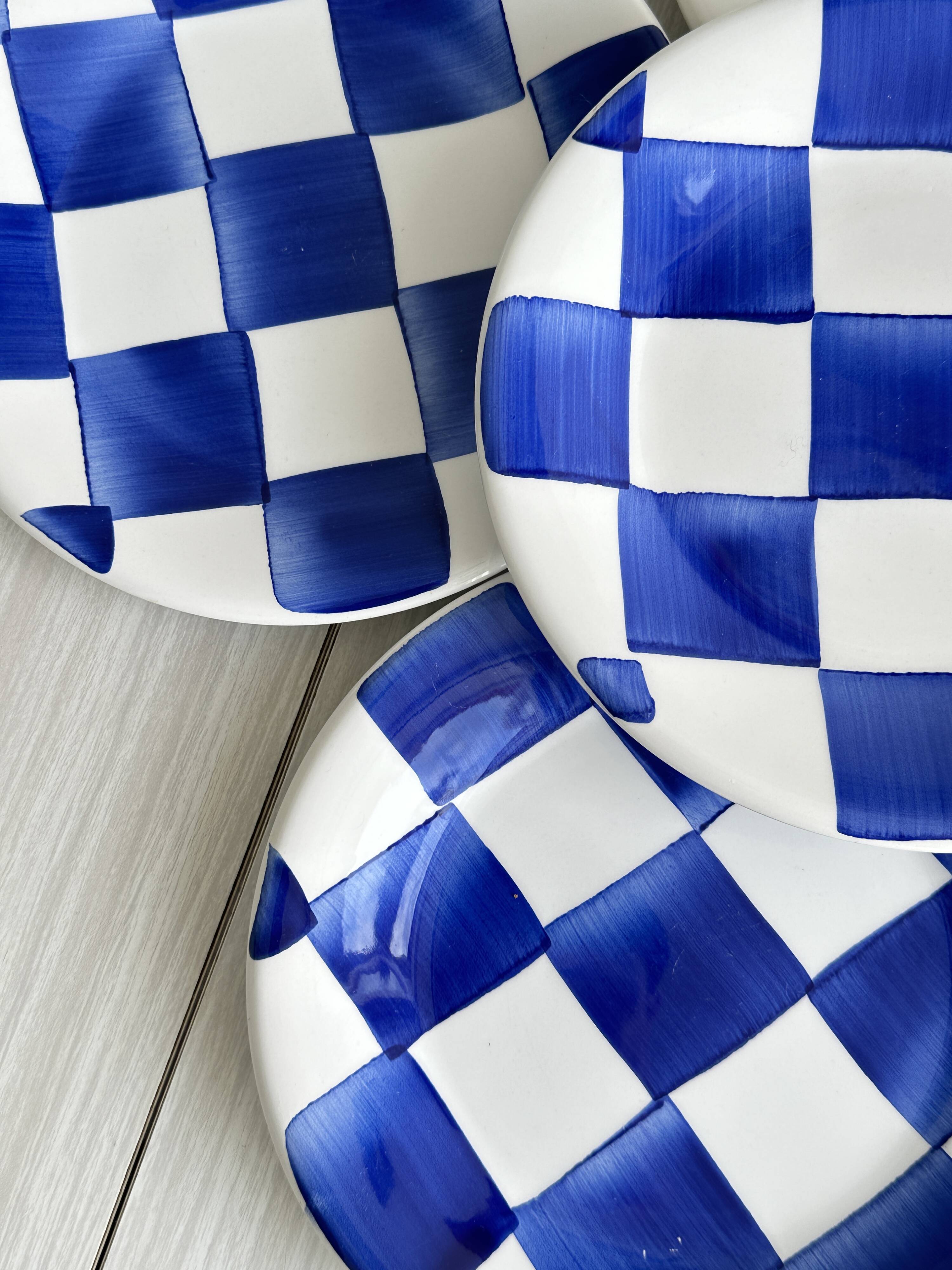 Set of 5 blue and white checkered porcelain dessert plates