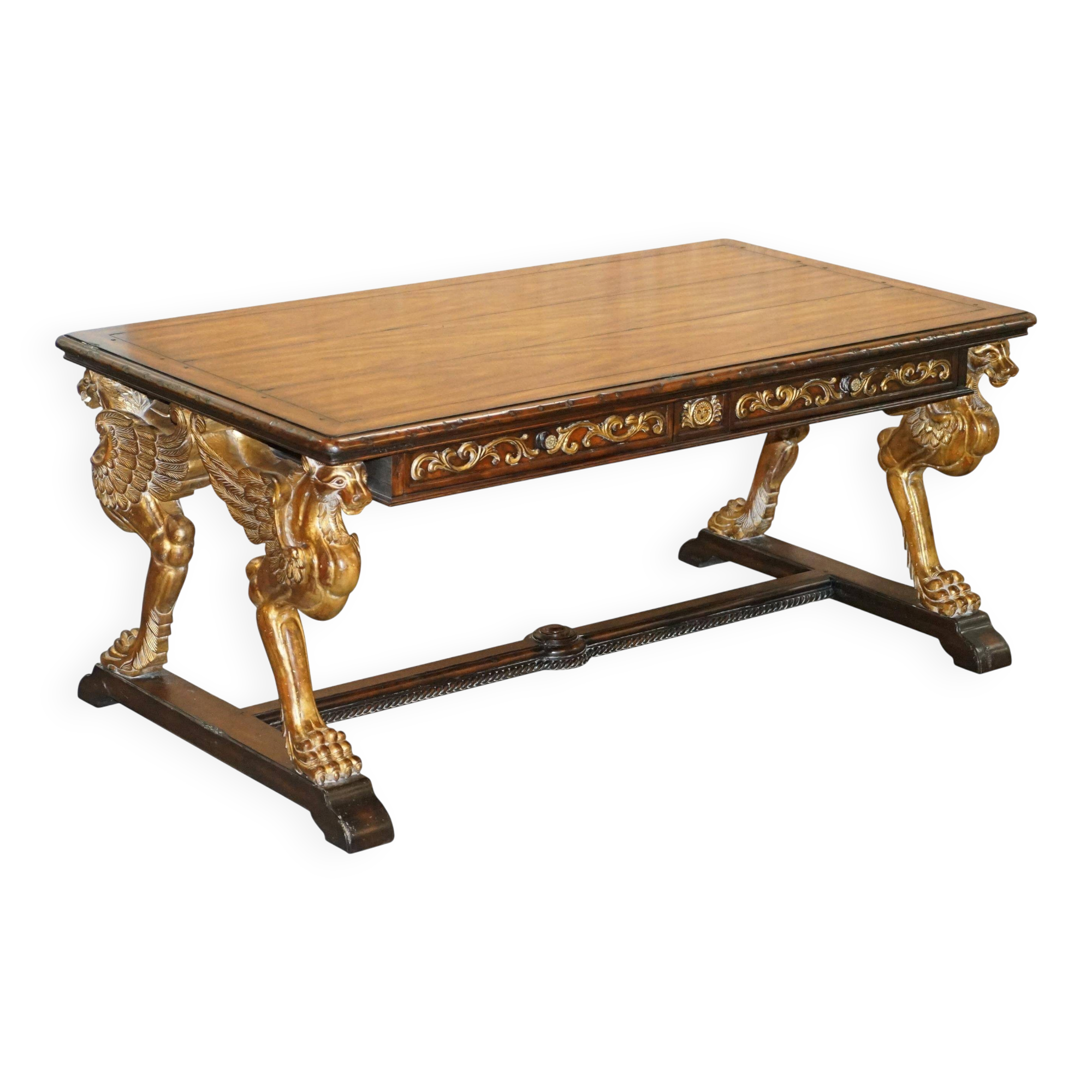 Double-sided writing desk in hardwood with gilt griffins, RJ Horner style.