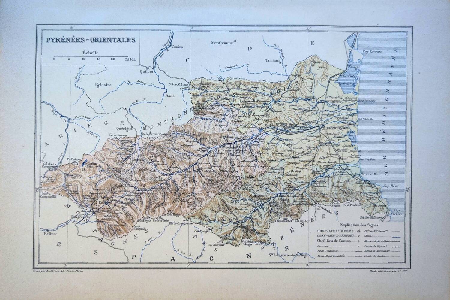 Map of Pyrénées-Orientales, 1889. Authentic Vintage.