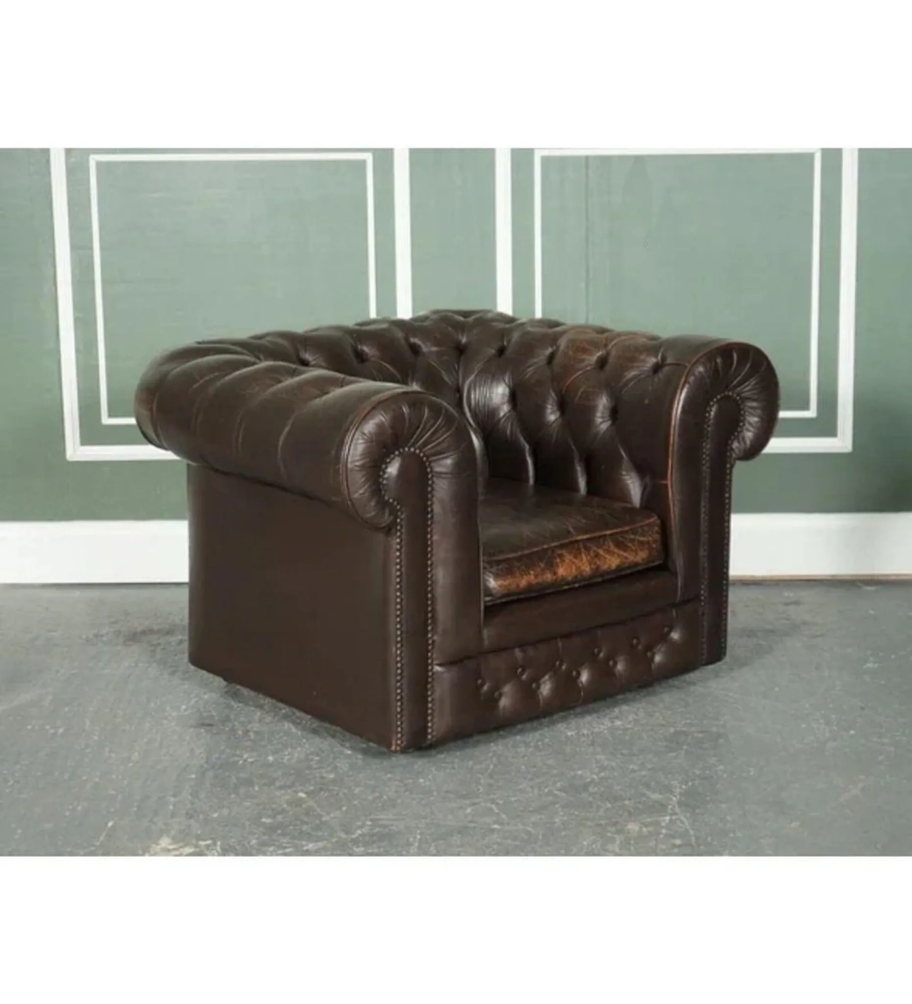 Vintage Brown Leather Chesterfield Club Tub Chairs, Set of 2
