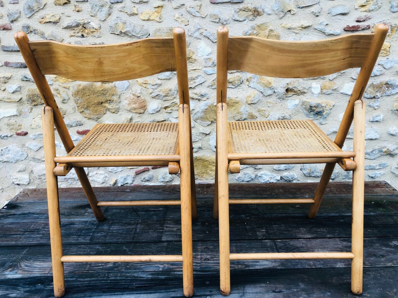 Set of 2 vintage folding chairs, rattan cane for Habitat, circa 70/80