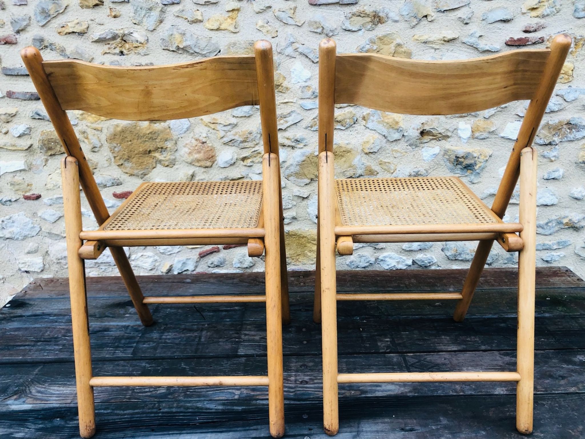 Set of 2 vintage folding chairs, rattan cane for Habitat, circa 70/80