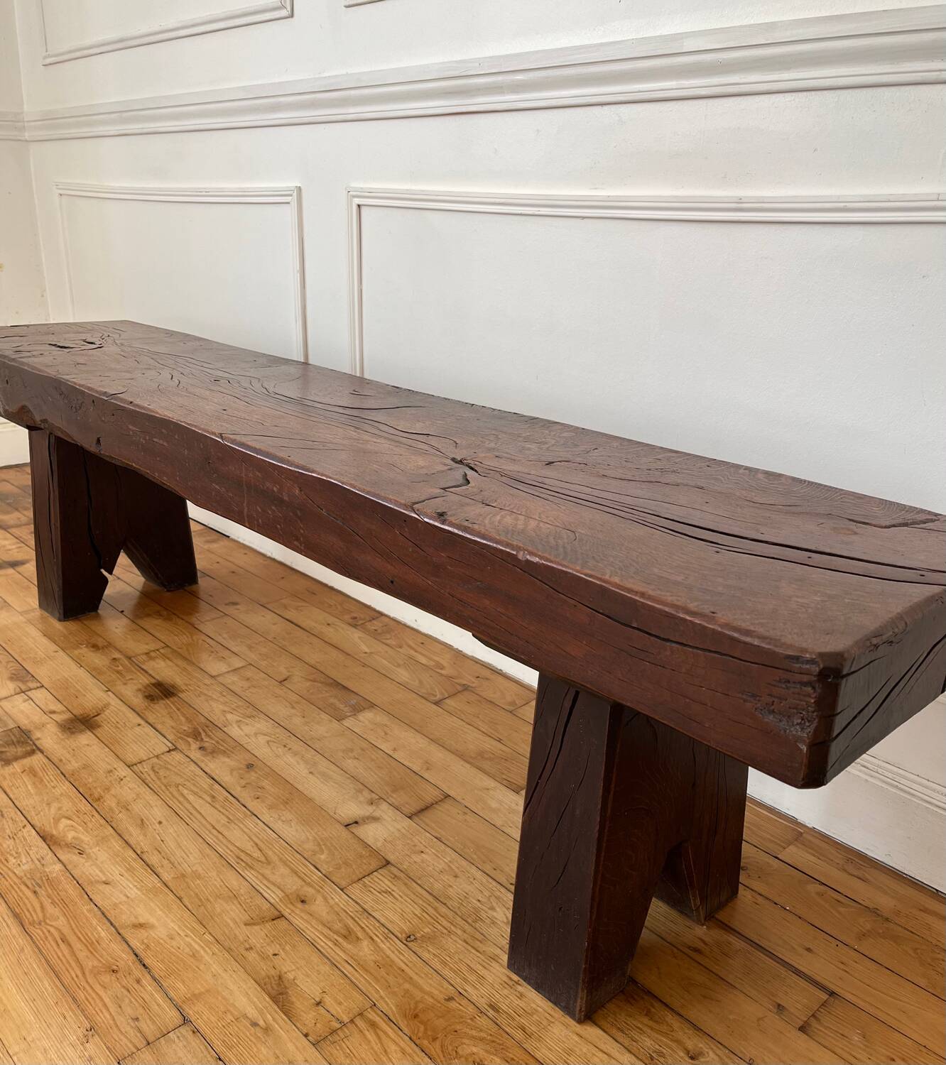 Brutalist Folk Art Bench Solid Oak